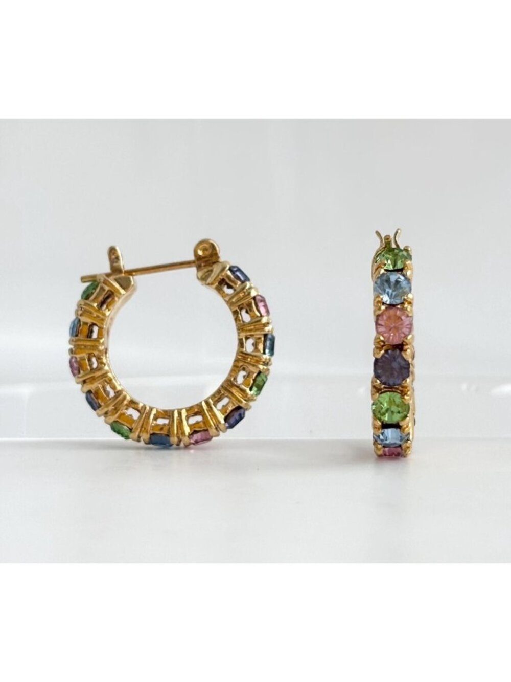 Rainbow Rhinestone Gold Toned Little Hoop Vintage Earrings